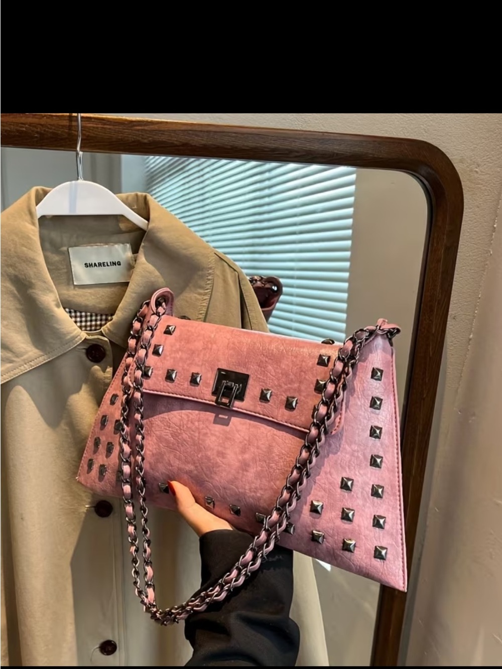 Affordable Fashion Finds Pink Studded Shoulder Bag with Chain Strap